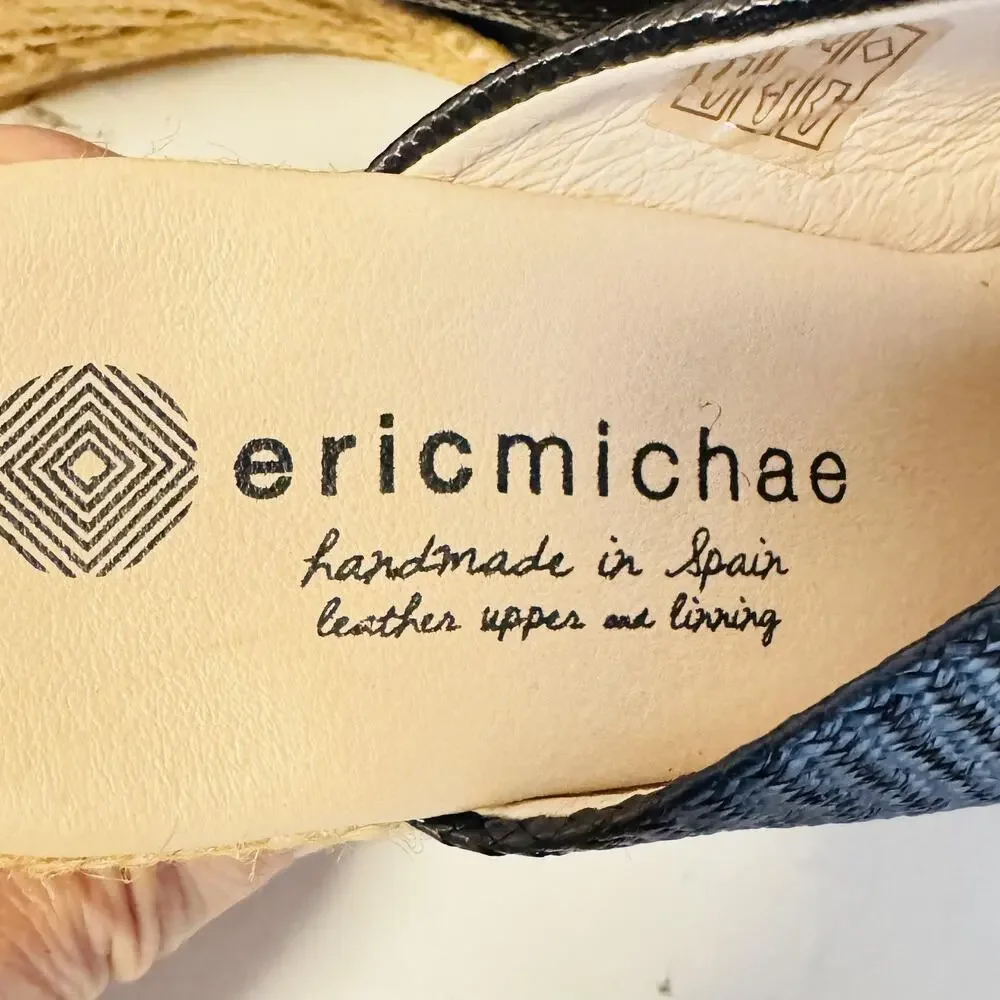 Eric Michael‎ Shoes Womens 8 Black Leather Espadrille Wedge Mule Heels Slip On